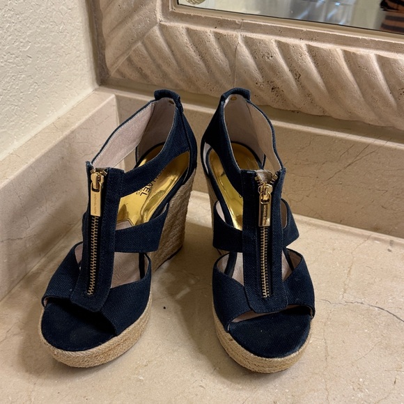 MICHAEL Michael Kors Shoes - MICHAEL Michael Kors Navy Wedge Sandals with Gold Zipper